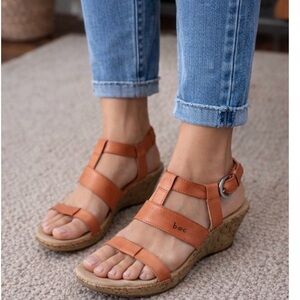 b.o.c. Cognac Leather Strappy Wedge Sandals